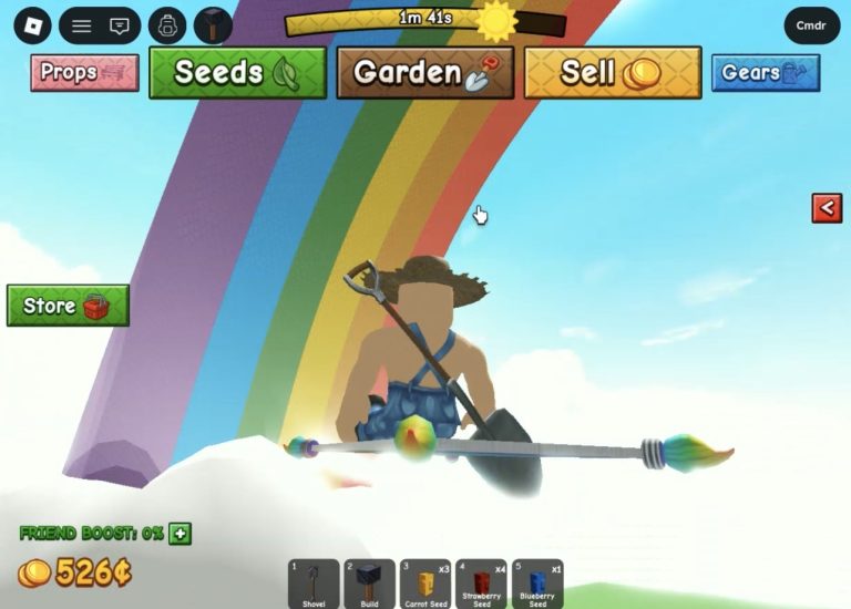Roblox farming gameplay showing character planting and harvesting crops in a simulator style garden