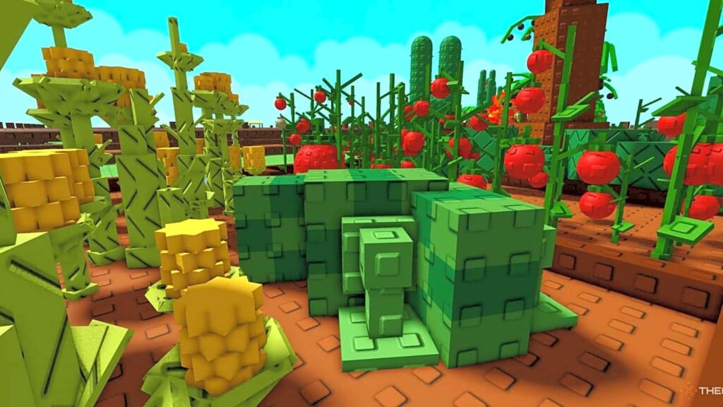 Roblox style farming garden world showing colorful crops and simulation gameplay environment
