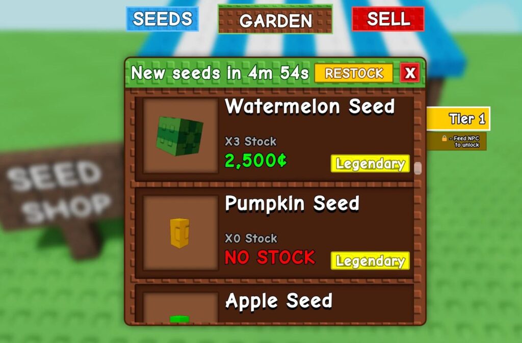 Seed shop Grow a Garden Roblox rare seeds and farming items UI