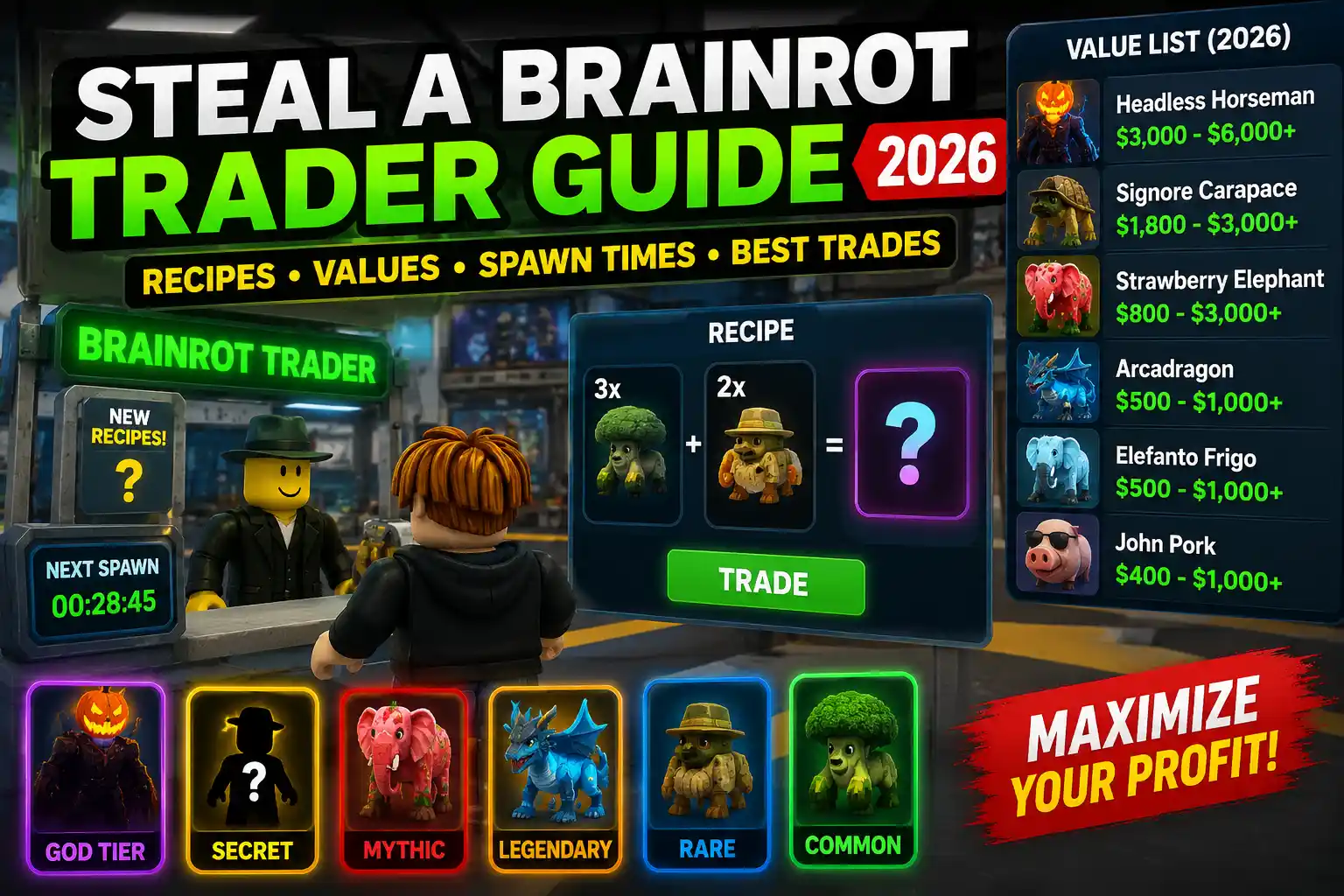 Steal a Brainrot Trader Guide (2026): All Recipes, Values, Spawn Times & Best Trades