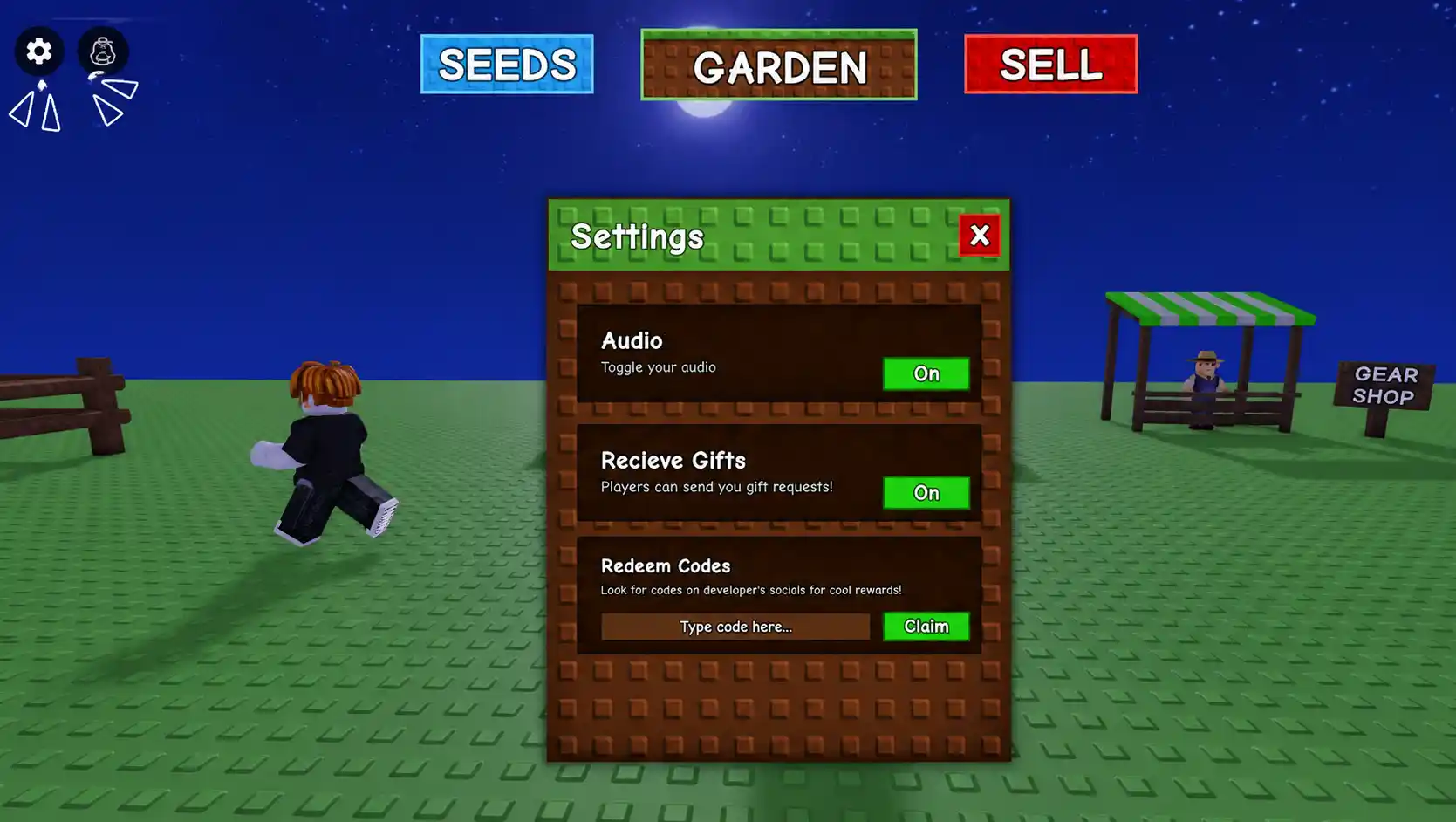 Grow a Garden Roblox codes redeem screen with seeds and pets