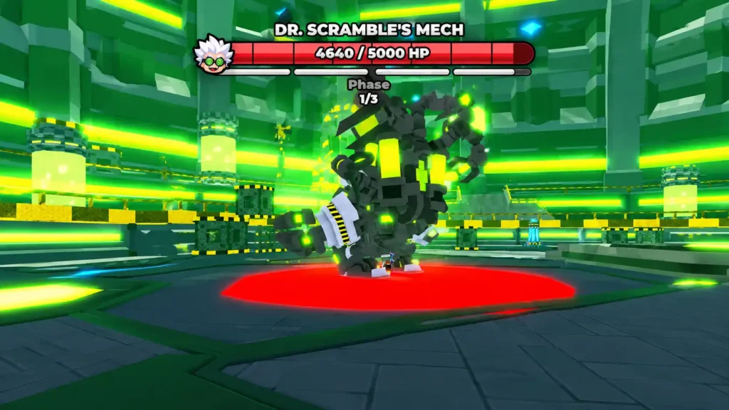 Dr. Scramble’s Mech inside the Laboratory arena.