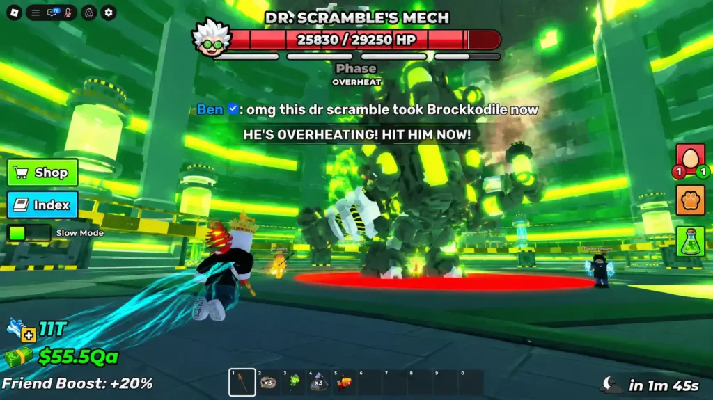 With the core gone, Dr. Scramble abandons the suit and runs on foot.