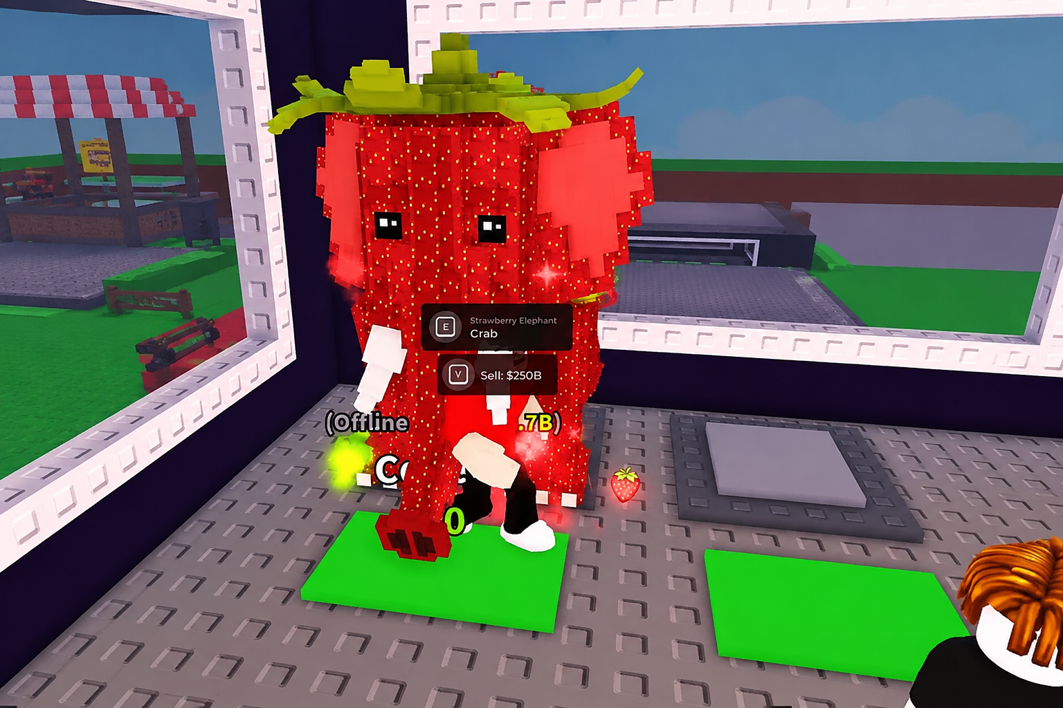 Strawberry Elephant character model close-up in Steal a Brainrot showing its strawberry-textured body and leaf crown