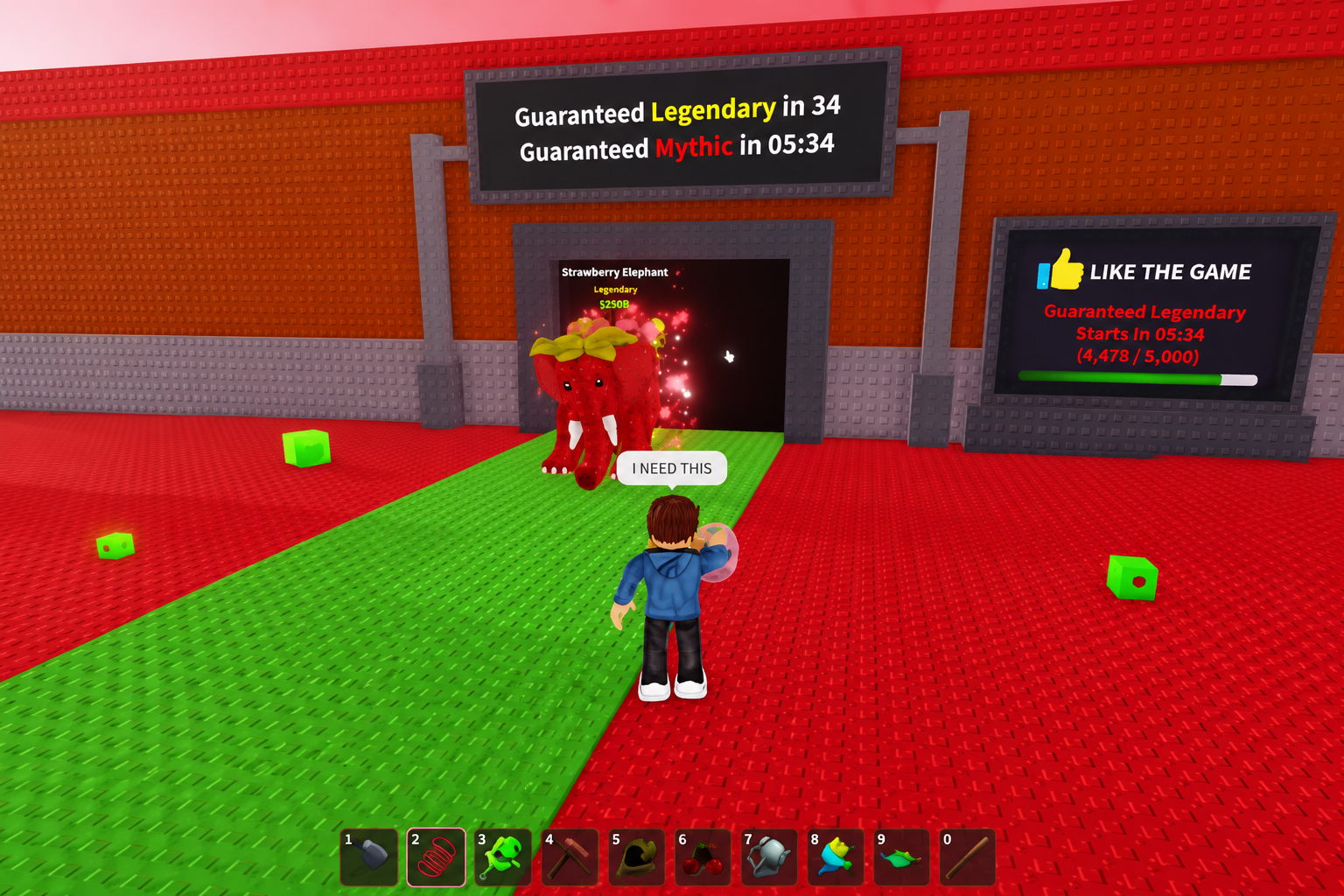 Strawberry Elephant spawning on the Red Carpet conveyor in Steal a Brainrot, triggering the Strawberry Event