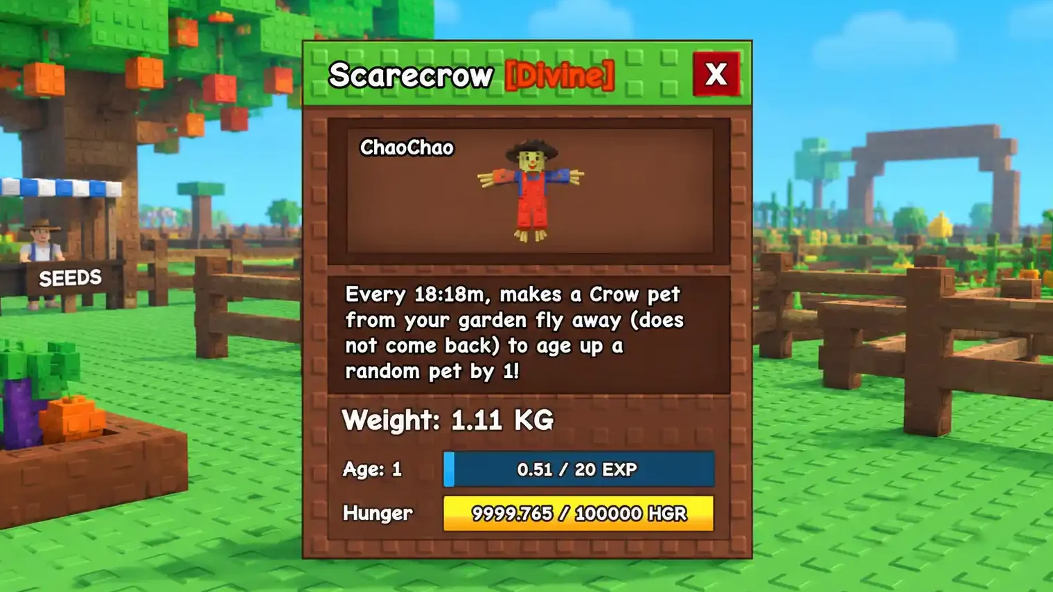 The Scarecrow is a Divine pet with 100,000 hunger