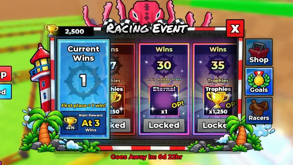 Finishing first pays 1 Win and 2,500 Trophies.