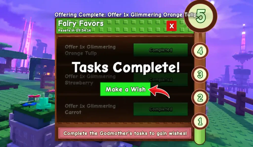 Grow a Garden Fairy Favors menu with the Make a Wish button