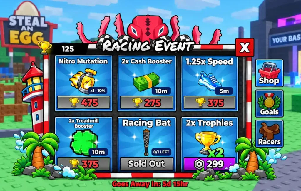 Steal an Egg Racing Shop showing the Nitro Mutation and other event rewards