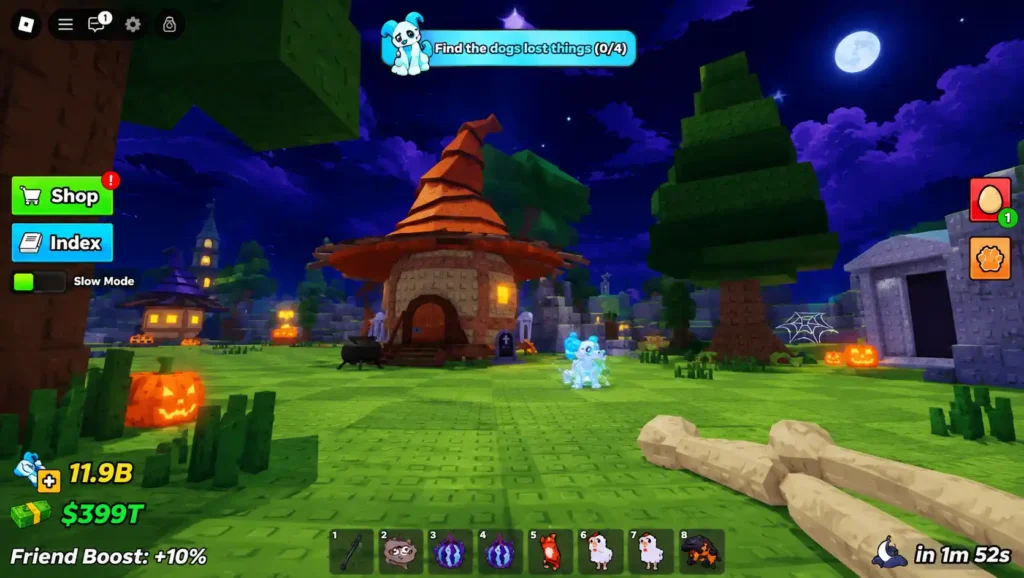 Echo the ghost dog with the Find the dog's lost things quest in Steal an Egg