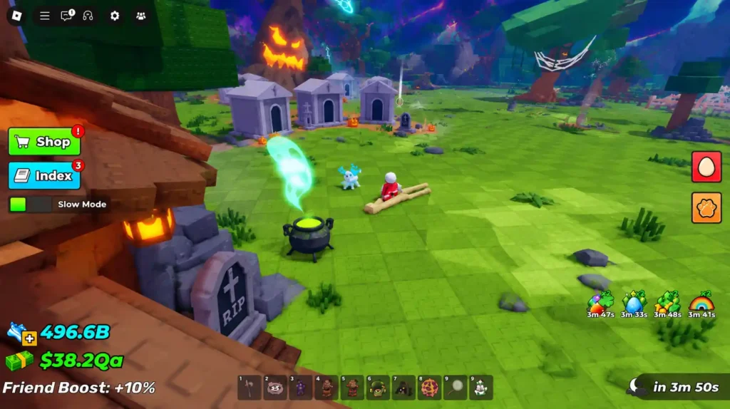 Echo's starting area beside the witch hut and cauldron in Steal an Egg