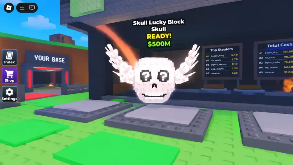 Skull Lucky Block with question-mark eyes and bony wings in Steal a Brainrot