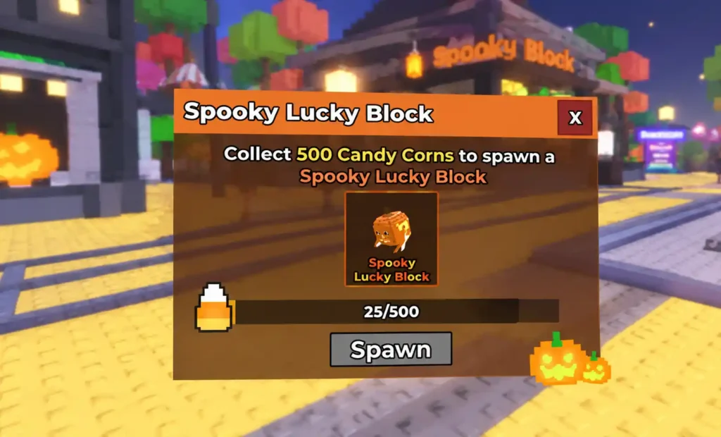 Spooky Lucky Block spawn interface showing Candy Corn progress