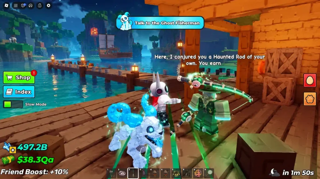 Ghost Fisherman dialogue offering the Haunted Rod in Steal an Egg