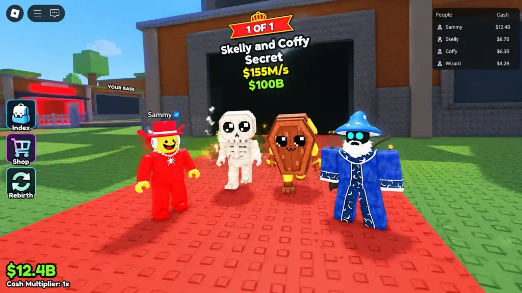 Skelly and Coffy displaying Secret rarity and $155M per second in Steal a Brainrot