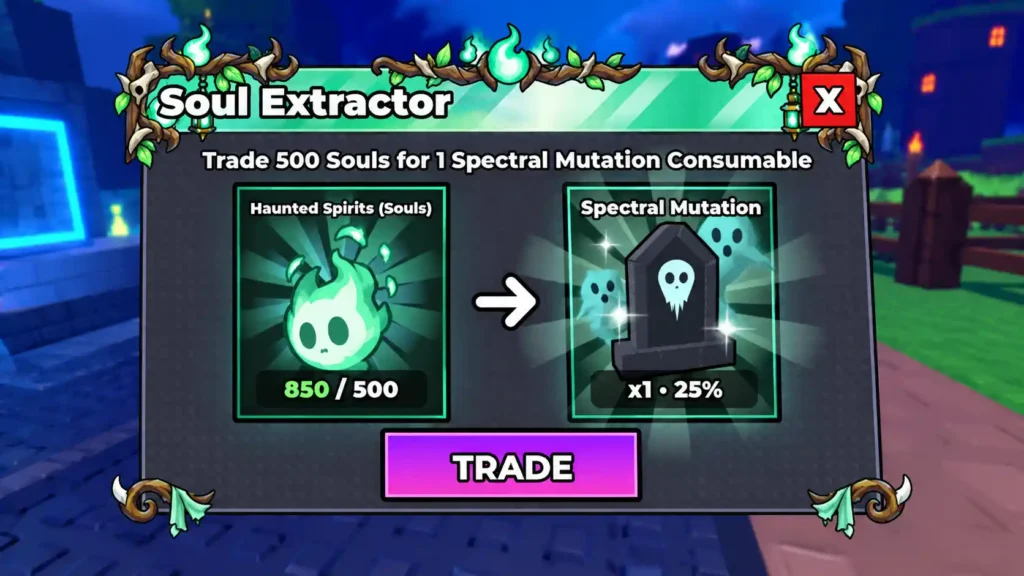 Soul Extractor trading 500 Haunted Spirits for one Spectral Mutation consumable in Steal an Egg