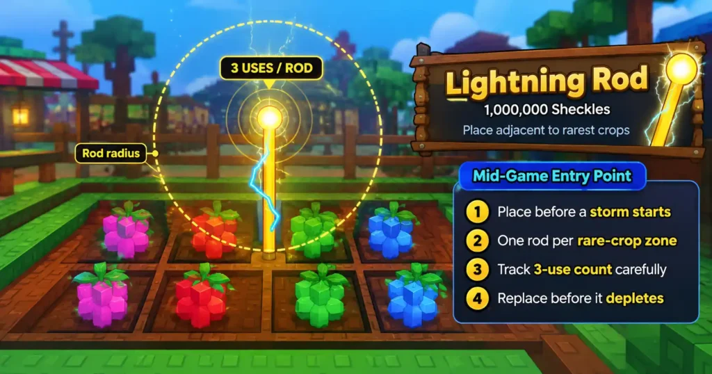Grow a Garden mutation-farming guide image showing a Lightning Rod and crops