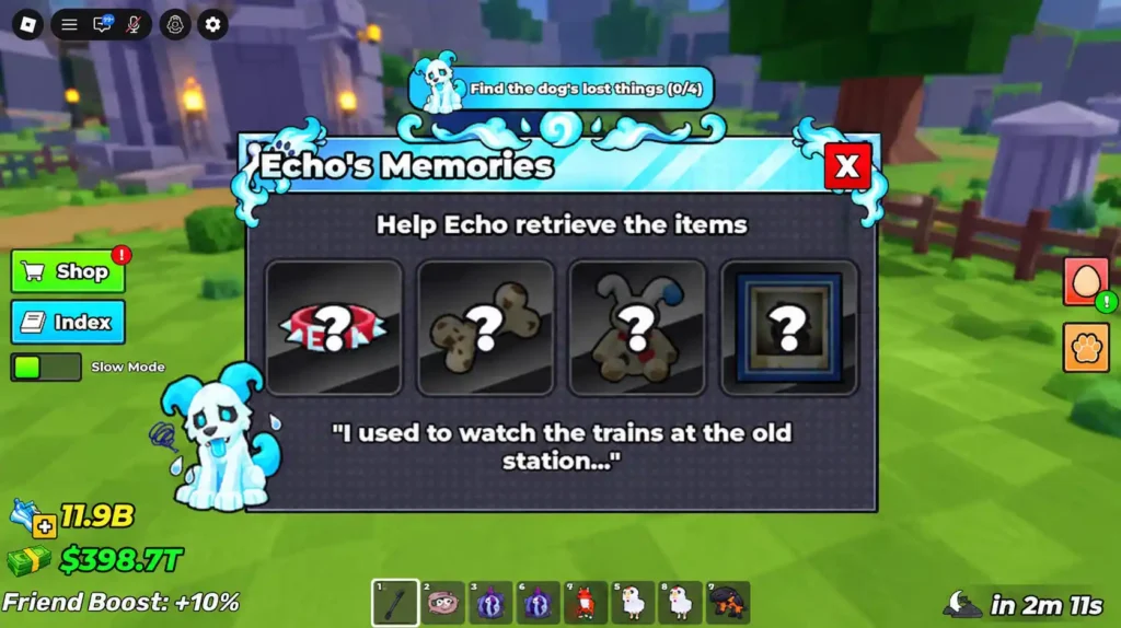 Echo's Memories quest menu showing the lost-item slots in Steal an Egg