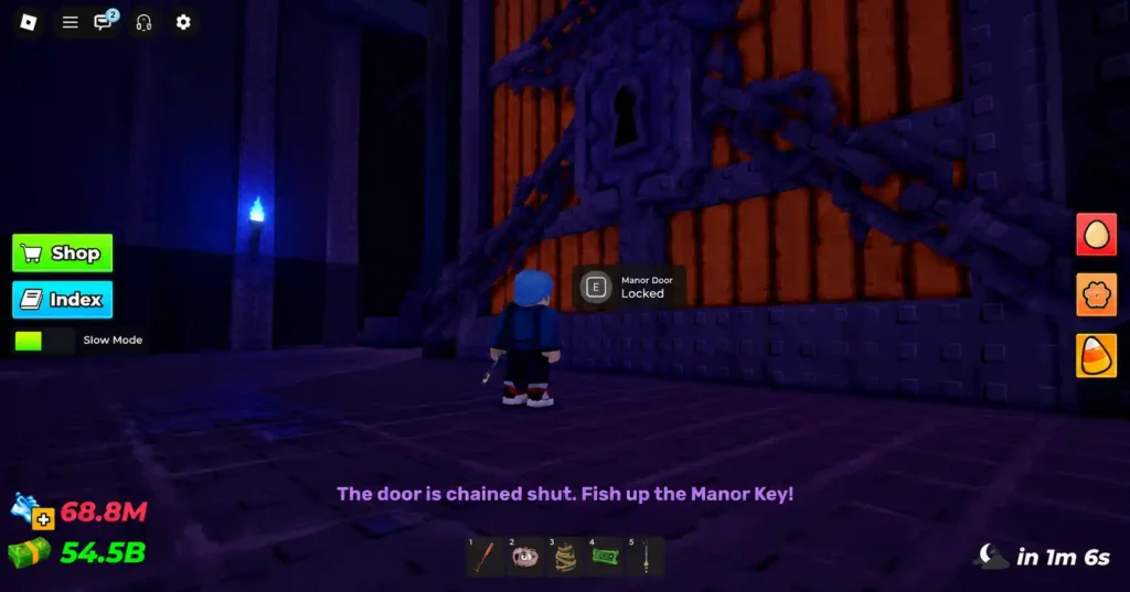 Chained Manor Door displaying the instruction to fish up the Manor Key in Steal an Egg