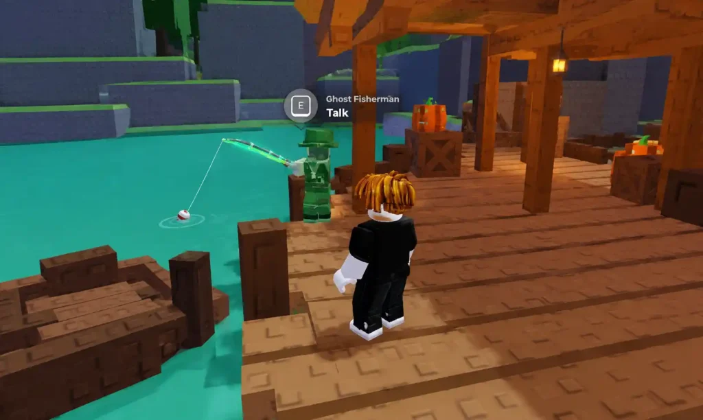 Ghost Fisherman at Gilbert's Hut with the Talk prompt in Steal an Egg