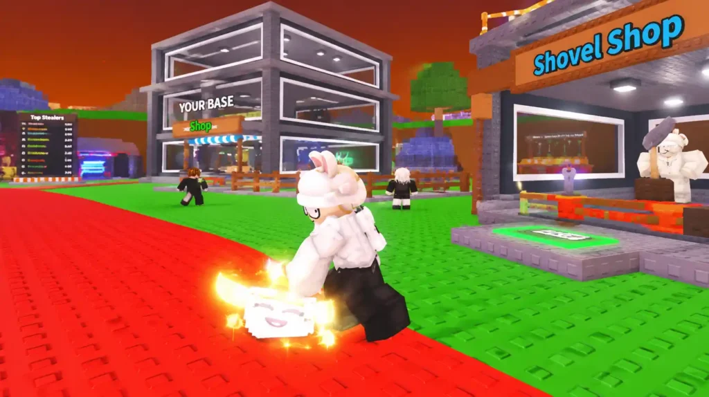 Steal a Brainrot video thumbnail with the Shovel Shop visible in the background