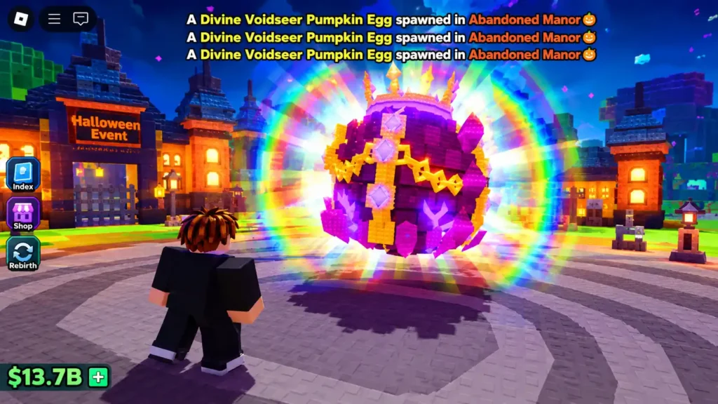 Divine Voidseer Pumpkin Egg with a spawn announcement in Steal an Egg